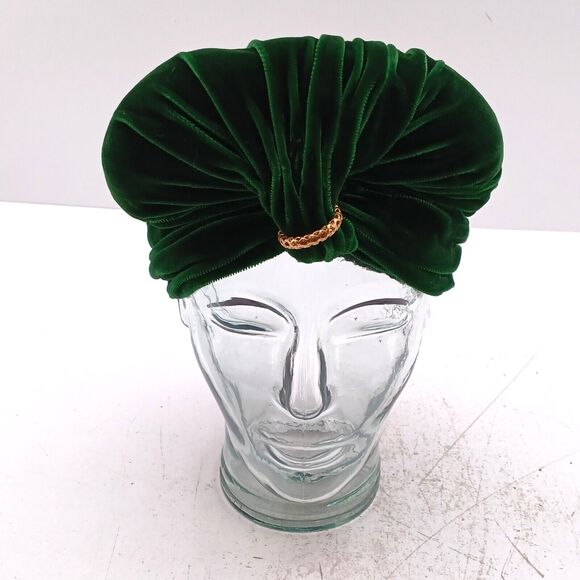 Green Velvet Full Cap Turban Hat Flapper Style Headband Warmer Headwrap - Picture 2 of 10